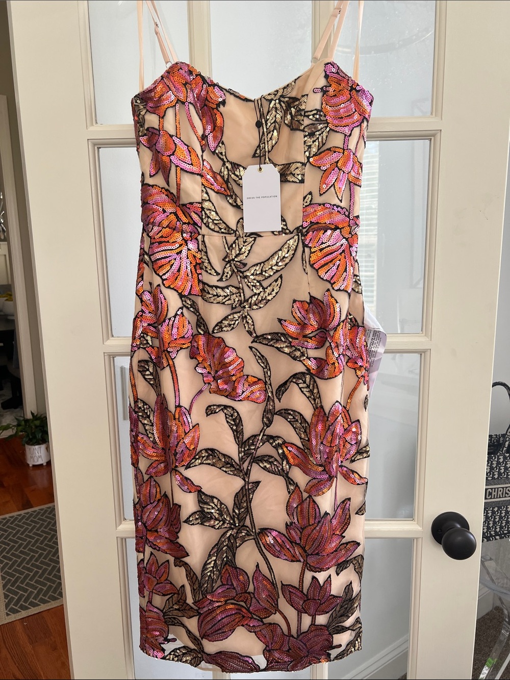 Dress the Population floral Midi Sheath Dress with Spaghetti Straps - Pink/Beige - Picture 7 of 9